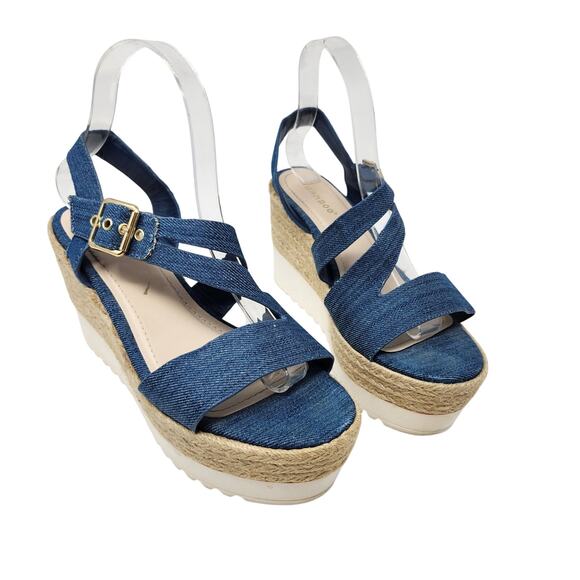 Bamboo Open Toe Platform Wedge Sandals Buckle Ankle Strap Blue Denim Size 7.5 - Picture 1 of 9
